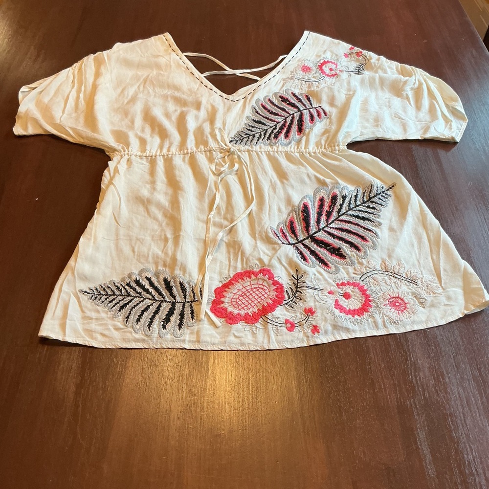 fab'rik Women Cream Floral Fern Embroidered Boho Tunic Top Size Large